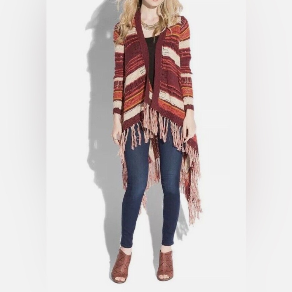 Lucky Brand Fringed Duster Cardigan Festival Hippie Boho Red Tan Women’s Size S
